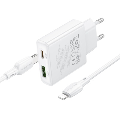 Сетевое зарядное устройство BOROFONE BN25 Wish 1xUSB + 1xUSB-C с Кабелем Type-C - Lightning, 3A, 30W, белый
