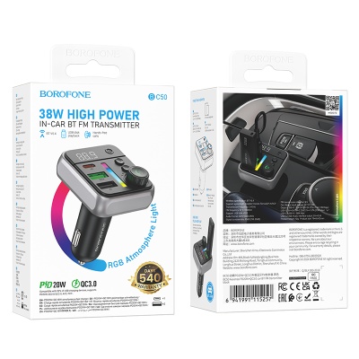 Автомобильное зарядное устройство с FM-Трансмиттер BOROFONE BC50 Ascenso, 2xUSB + 1xUSB-C, 0.5A, 38W, черный