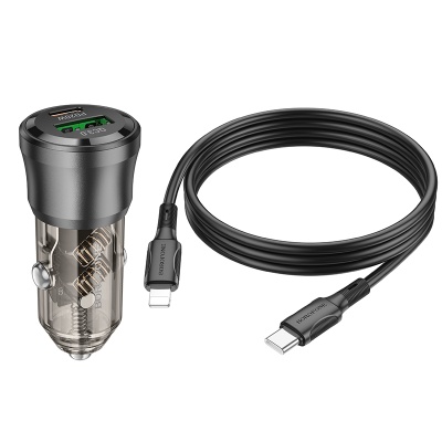 Автомобильное зарядное устройство BOROFONE BZ25 Journey, 1xUSB + 1xUSB-C с Кабелем Type-C - Lightning, 38W, прозрачный черный